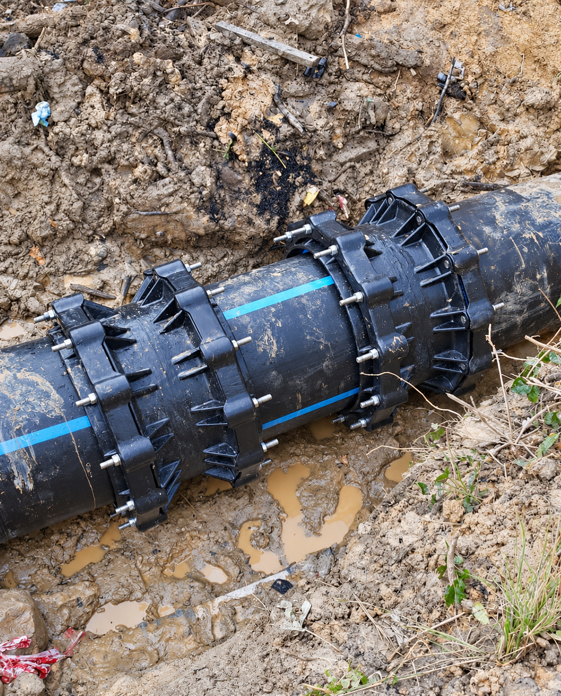 Two black bolted UltraGrip couplings on a striped pipe within an excavated trench in Balikpapan
