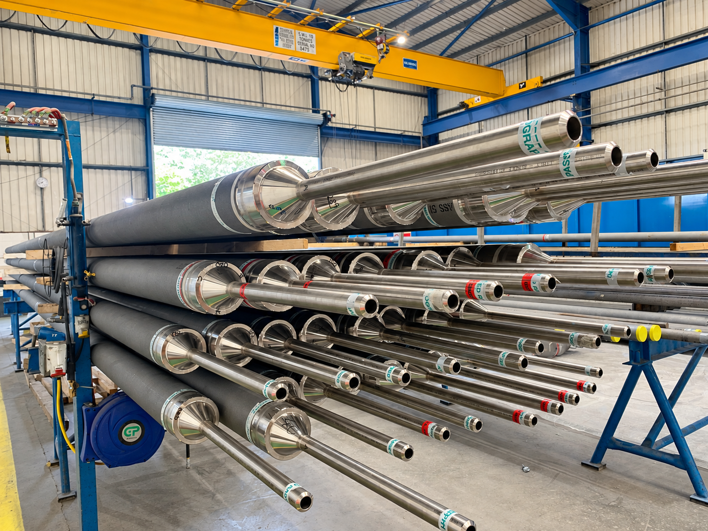 Rows of reformer catalyst tube assemblies with polished end connections in a workshop