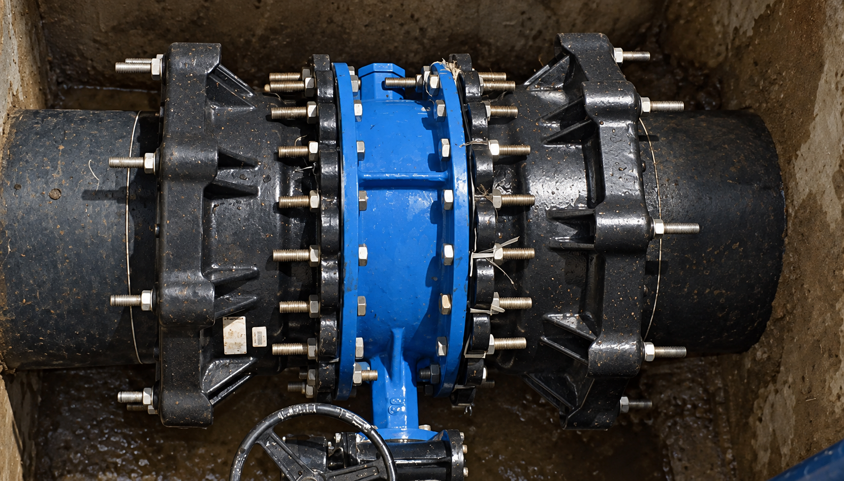 Black bolted UltraGrip flange adaptors connected to a blue valve in a pipe chamber in Jakarta
