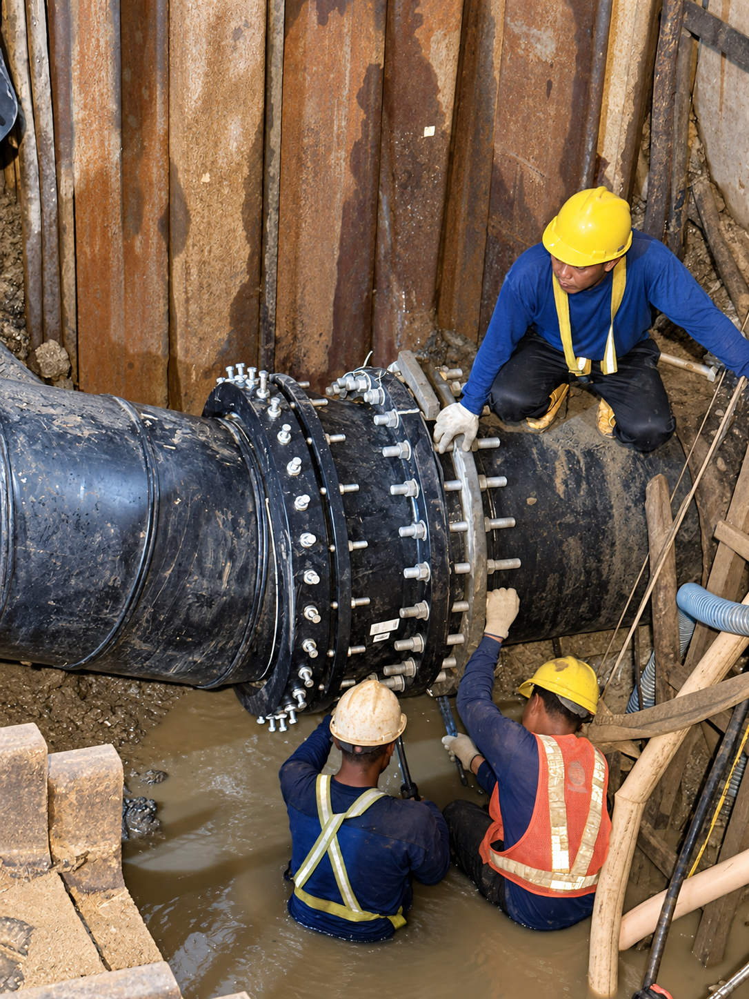UltraGrip DN 800 mm pipe connection and workers in the MRT project excavation