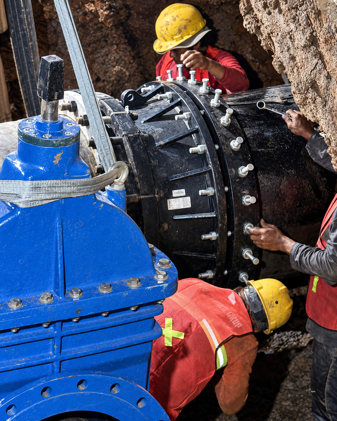 Blue valve and black bolted mechanical joint during pipeline installation